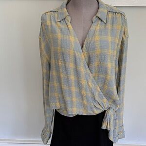 We The Free light Blue and Yellow Plaid Wrap Blouse
